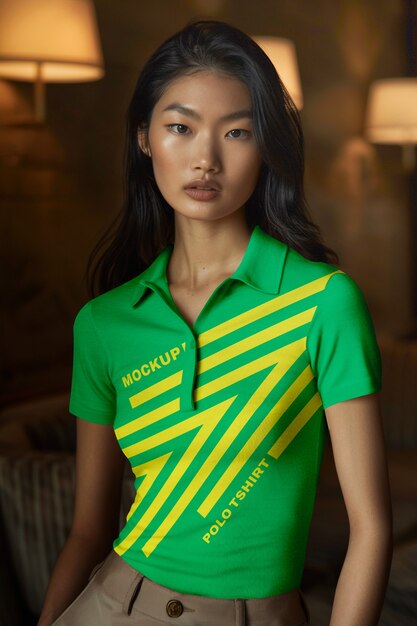 PSD woman model wearing polo shit mockup