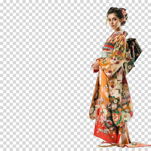 a woman in an orange kimono with a red floral pattern on the front