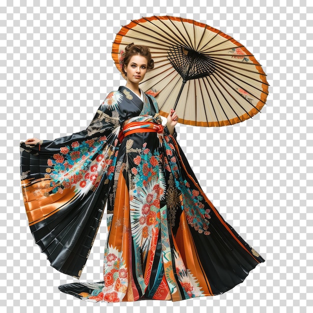 a woman in an oriental dress with a parasol on the front