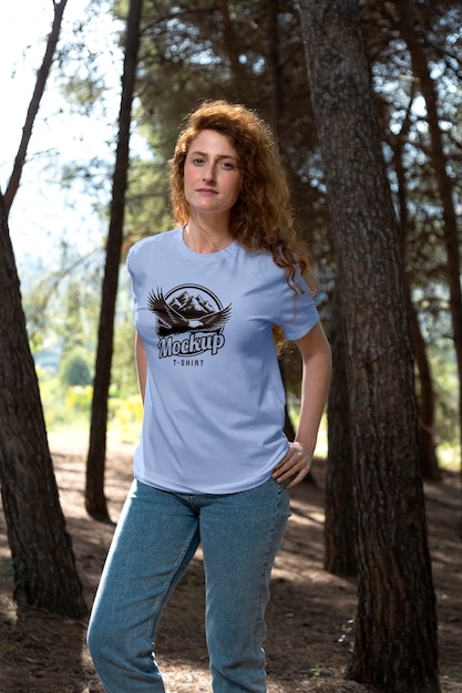 Woman outdoors wearing t-shirt mock-up