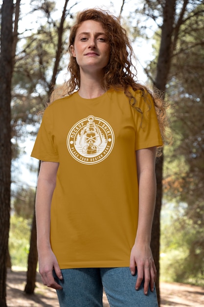 Woman outdoors wearing t-shirt mock-up