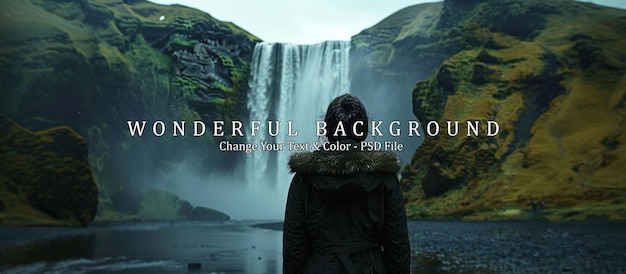 PSD woman overlooking waterfall at skogafoss