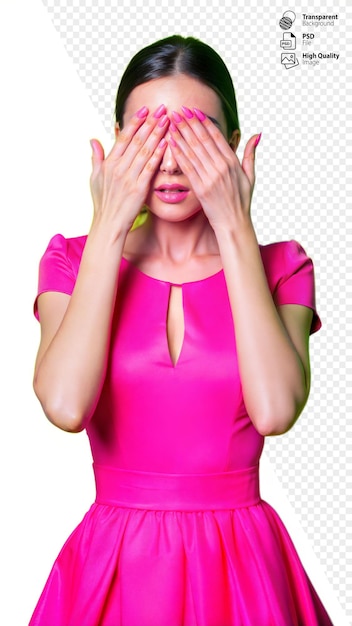 PSD woman in pink dress covering eyes with hands