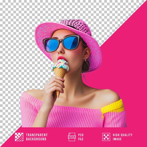 PSD a woman in a pink hat is eating an ice cream cone