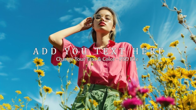 PSD woman in a pink shirt standing in a field of yellow flowers