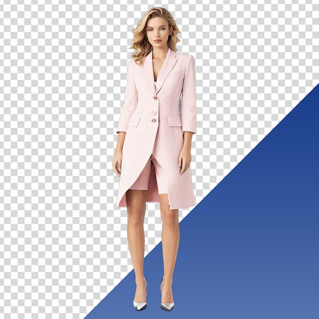 a woman in a pink suit stands in front of a blue background