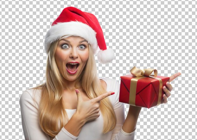 PSD woman pointing at gift box in santa hat transparent