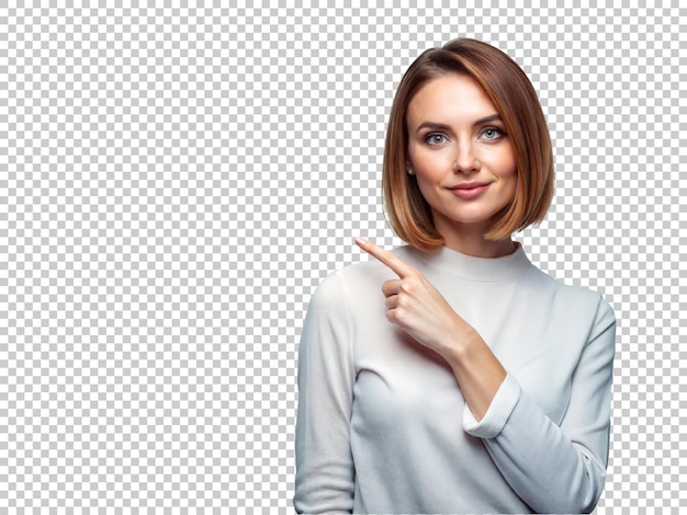 PSD woman pointing her finger to the side of empty space isolated transparent background