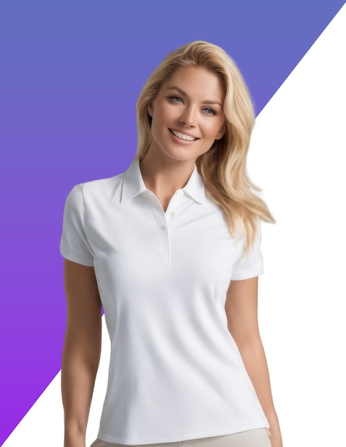 a woman in a polo shirt stands in front of a purple background