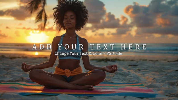 PSD woman practicing yoga at sunset on the beach