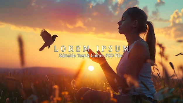 PSD woman praying and free bird enjoying nature on sunset background ai generated