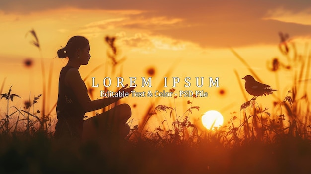 Woman praying and free bird enjoying nature on sunset background