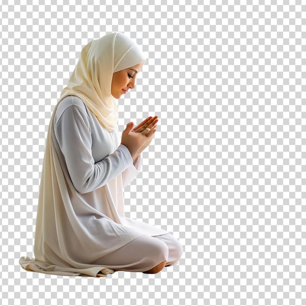 A woman praying on a rug on transparent background