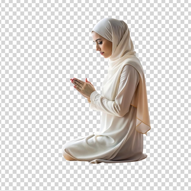 A woman praying on a rug on transparent background