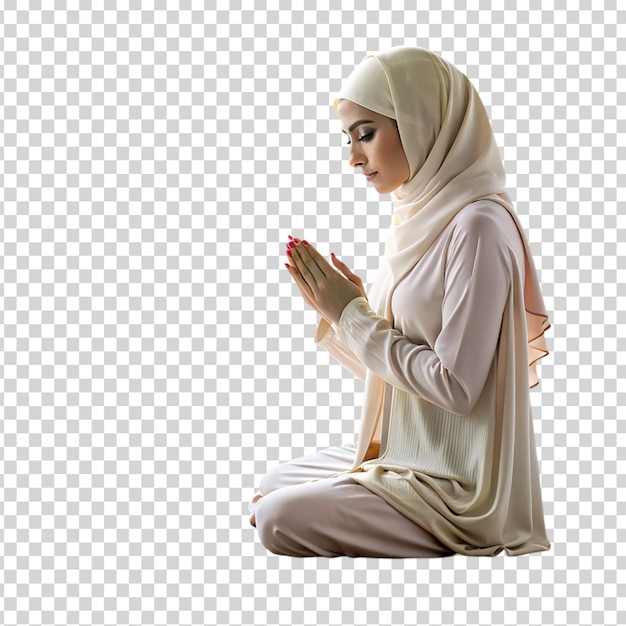 A woman praying on a rug on transparent background