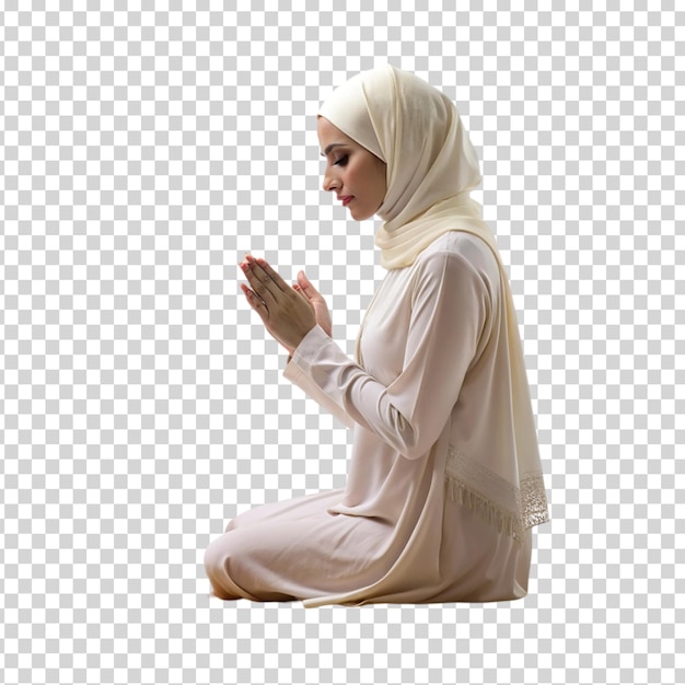 A woman praying on a rug on transparent background