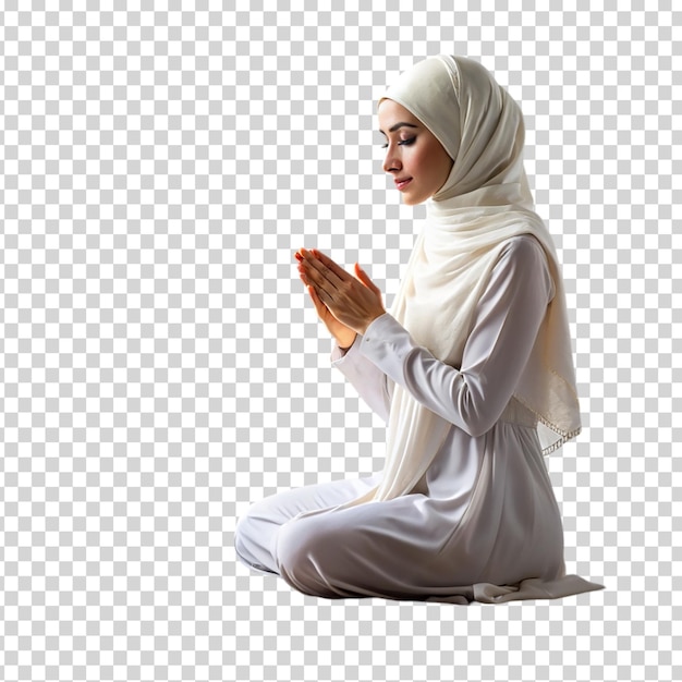 A woman praying on a rug on transparent background