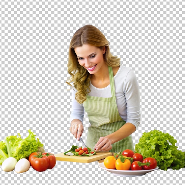 PSD woman preparing healthy food in her kitchen on whey transparent background