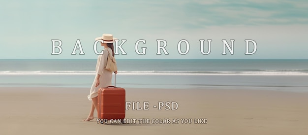 woman pulling suitcase and wearing hat standing facing beautiful beach