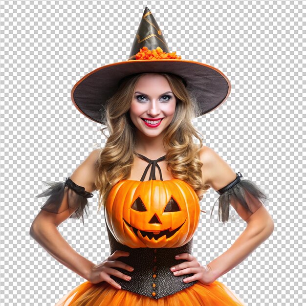 PSD woman in pumpkin witch costume posing for hallowee