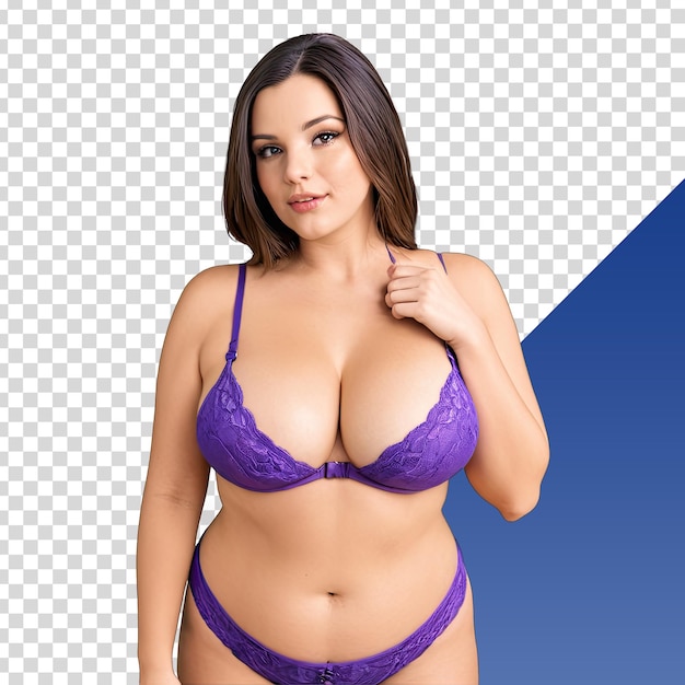 PSD a woman in a purple bra stands in front of a blue background