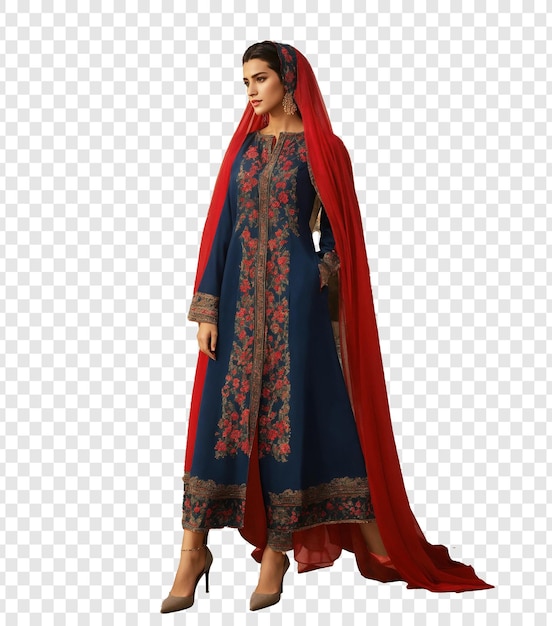 a woman in a red and blue lehenga dress with a red and blue sash in white transparent background