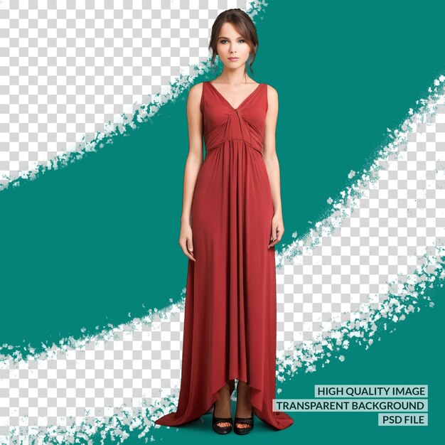 PSD a woman in a red dress is standing in front of a green and blue background