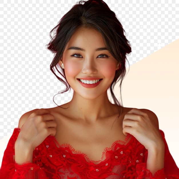 PSD a woman in a red dress smiles with her arms crossed