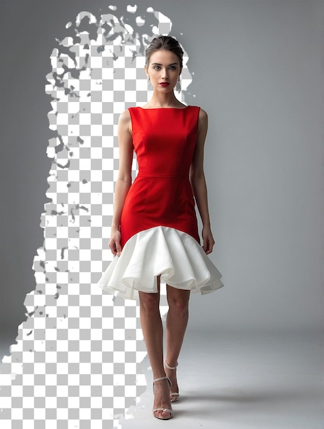 PSD a woman in a red dress stands in front of a white and black background