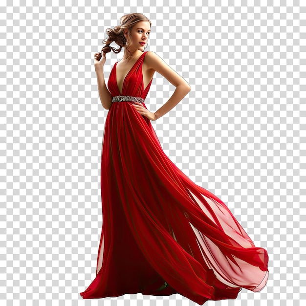 a woman in a red dress with a belt on the bottom