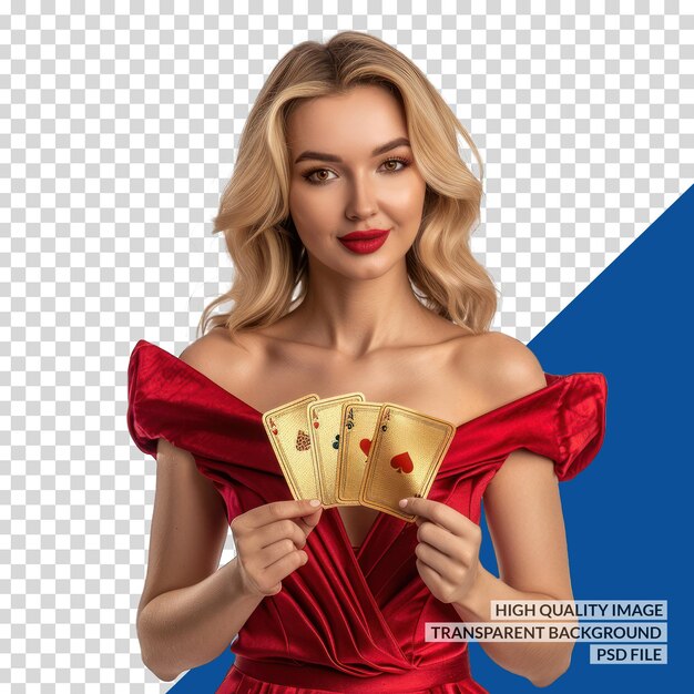 PSD a woman in a red dress with a card that says  queen