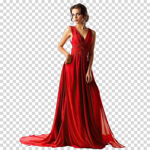 a woman in a red dress with a long neckline