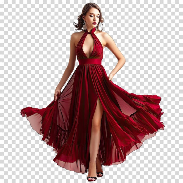 a woman in a red dress with a red dress on it