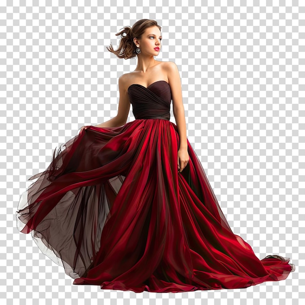 a woman in a red dress with a red lip and a long skirt