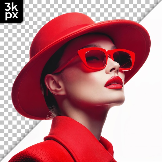 PSD a woman in a red hat and sunglasses is wearing a red hat