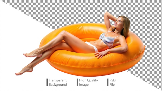 PSD woman relaxing on inflatable raft in bikini isolated on white background