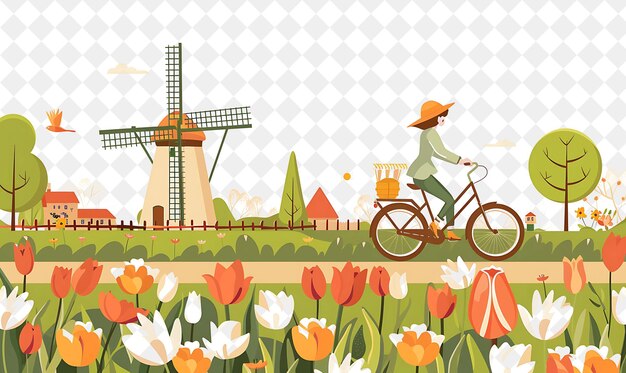 PSD a woman riding a bike with a basket of tulips in front of a windmill