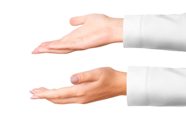 A woman's hand in a white medical coat Two options on isolated transparent background