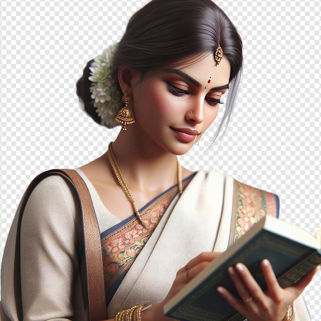 a woman in a sari reading a book