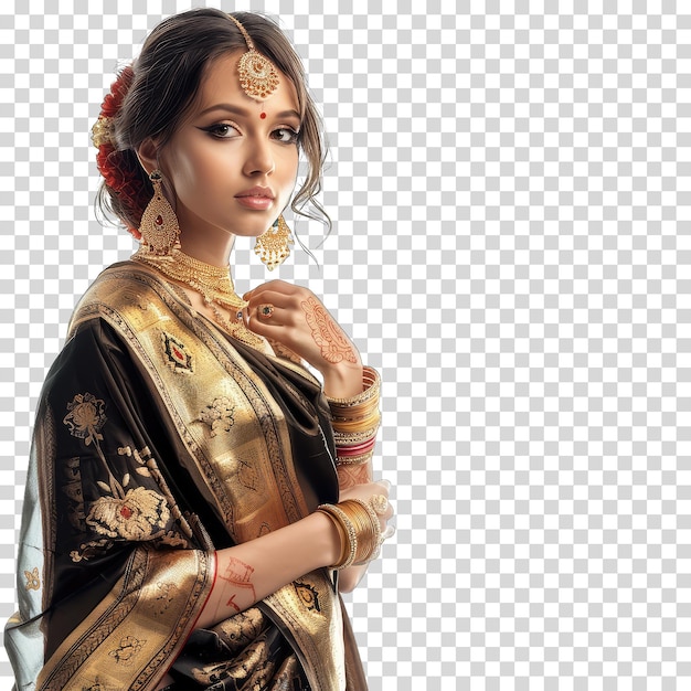 PSD a woman in a sari with a gold and black background