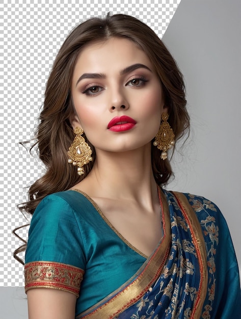 PSD a woman in a sari with a red lip and gold jewelry