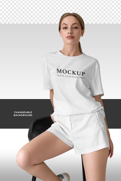 A woman in shorts is sitting and wearing a t shirt mockup with isolated background