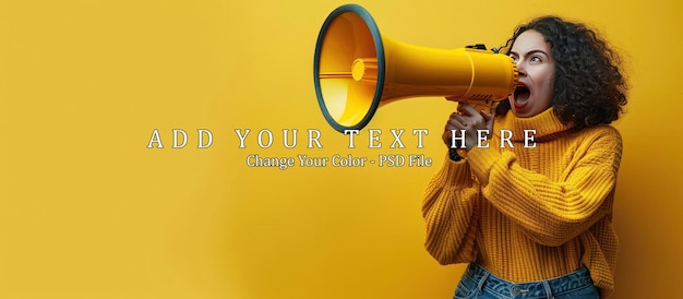 PSD woman shouting into megaphone on yellow background