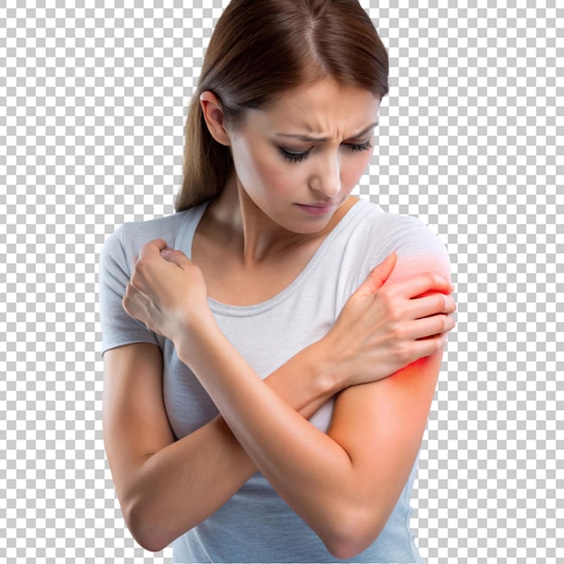 PSD woman showing pain in shoulder