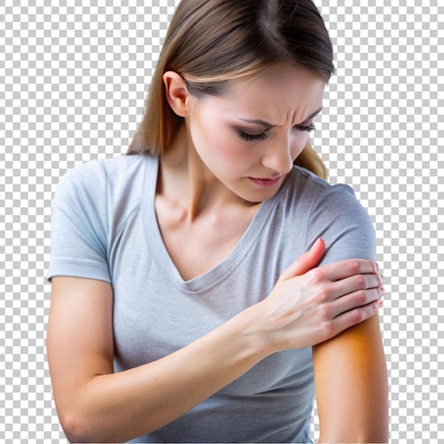 PSD woman showing pain in shoulder