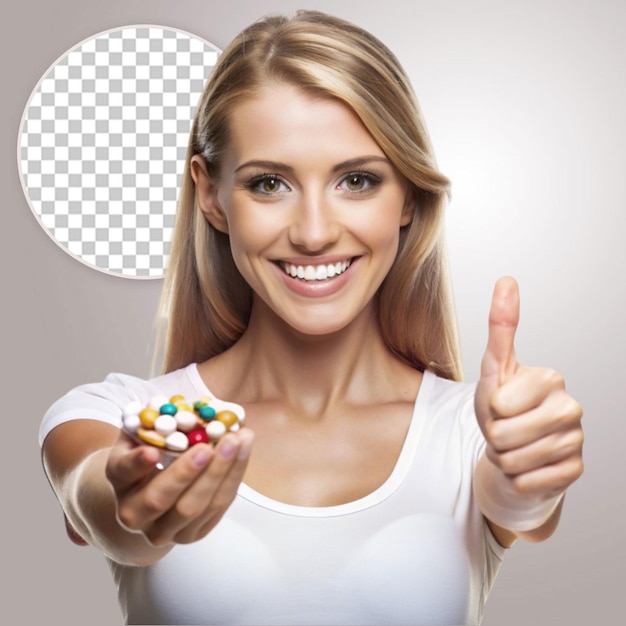 Woman showing pills in blister isolated on transparent background