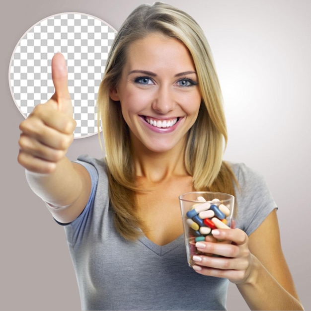 PSD woman showing pills in blister isolated on transparent background