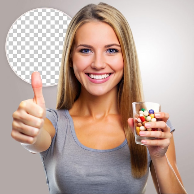 Woman showing pills in blister isolated on transparent background