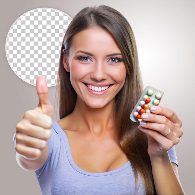 Woman showing pills in blister isolated on transparent background