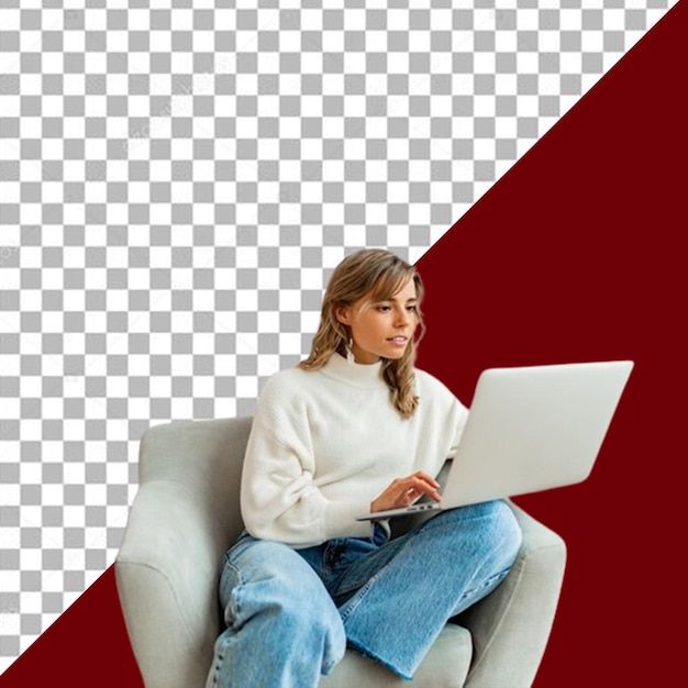 PSD a woman sits in an armchair with a laptop on transparent background